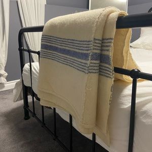 Antique Handmade Wool Blanket (Natural White and Blue)